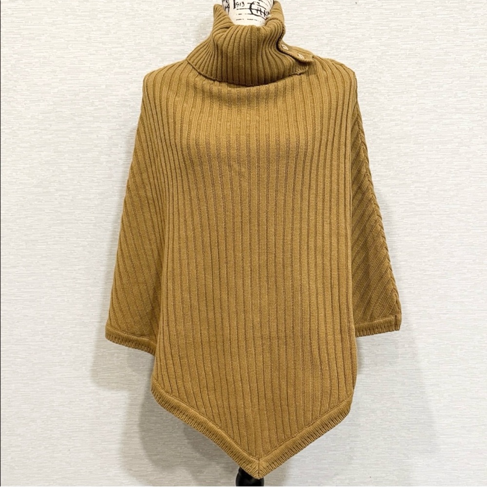 MICHAEL Michael Kors Camel Brown Wide-Rib Button Turtleneck Poncho